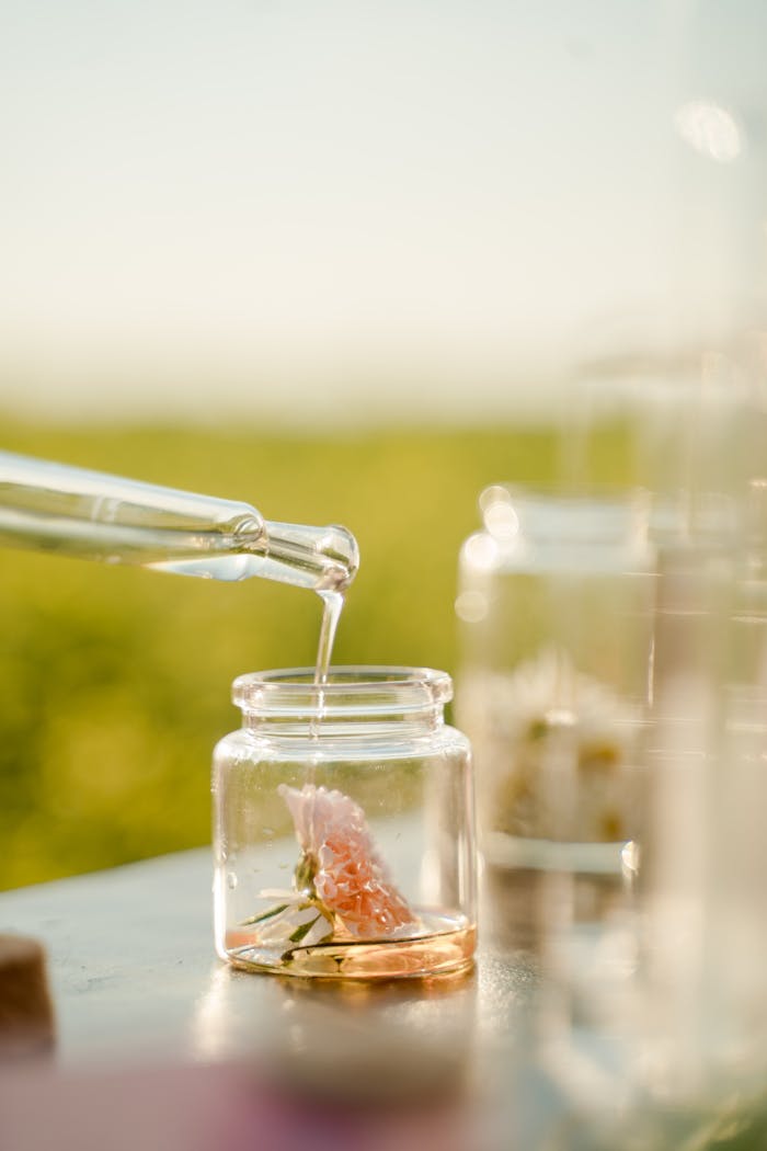 Contact Close-up of a pipette adding liquid to a jar with a flower, outdoors in daylight.